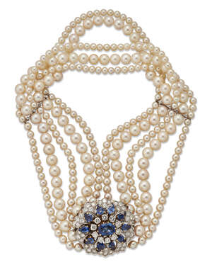 
	
		A diamond, sapphire and cultured pearl collar, centring on a detachable cluster set with...