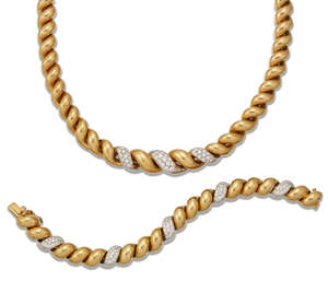 
	
		A gold and diamond necklace and bracelet, of rope work design highlighted with...