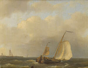 
	
		Circle of Francis Swaine, 
		British 1725-1782- 
		 
		Fishing smack on choppy seas;...