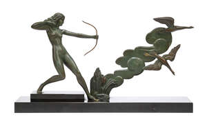 
	
		Art Deco, a cold-painted bronze group
		'Diana with birds', c.1930, probably French,...