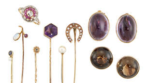 A group of jewellery comprising: six stickpins, including: one with diamond single stone top; one with octagonal shaped amethyst; one with opal and ruby two st