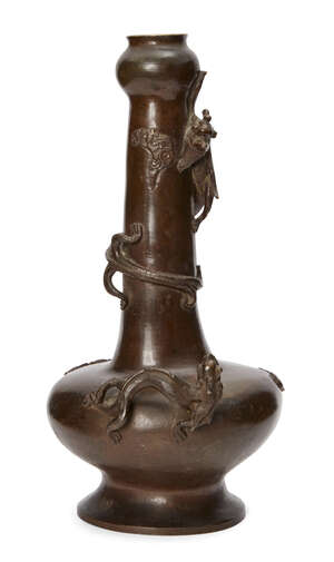 
	
		A large Chinese bronze 'garlic-head' vase, 18th/19th century, applied with two chilong...