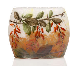 
	
		Daum, an enamelled glass pillow vase with rosehips   
		c.1910, signed in relief Daum...