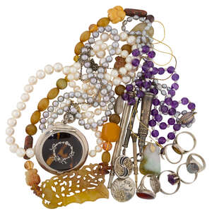A collection of jewellery and costume jewellery, including: a nephrite jade bangle; an amethyst bead necklace; four non-nucleated fresh water cultured pearl ne