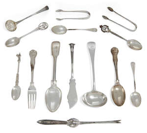 
	
		A group of silver flatware to include: a George III silver sifting spoon by Peter and Ann...