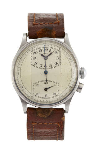 
	
		A Swiss stainless steel wristwatch with stop watch, the silvered dial with twin tonneau...