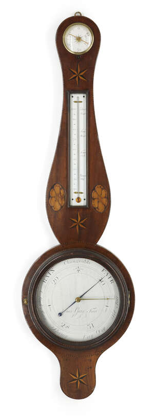 
	
		A George III inlaid mahogany wheel barometer, by James Gatty, late 18th century, with...
