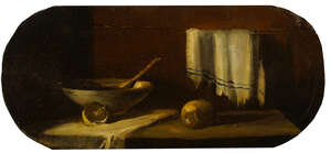 Follower of Jean-Baptiste-Siméon Chardin, 
		French 1699-1779-
		 
		Still life with lemons, a bowl, and a hanging cloth; 
		 
		oil on oblong shaped c