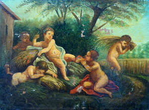 
	
		French School, mid/late 19th century- Putti harvesting corn; oil on canvas, 59 x 73cm;...