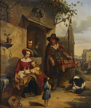 Manner of Giacomo Francesco Cipper, 
		mid 19th century-
		A travelling hurdy-gurdy player and dancing dog performing for villagers;
		oil on panel, 74x63cm