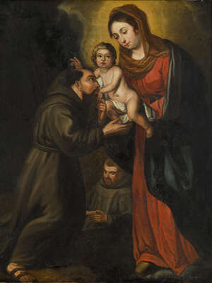 Manner of Bartolome Esteban Murillo, 
		early 19th century-
		 
		The Madonna and child with St Anthony and friar;
		 
		oil on canvas, 79.5x63cm
		 