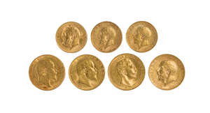 A group of gold coins, comprising: three sovereigns, Edward VII (2) 1907 and 1908, George V 1911; three George V half-sovereigns, 1911, 1914 and 1915; and a Ge