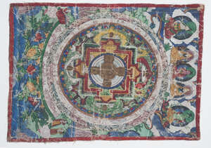 
	
		A Tibetan painted thangka depicting a mandala, 18th/19th century, centered with Tara,...
