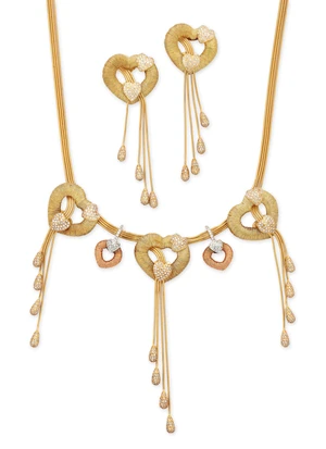 A diamond set heart necklace and earrings, the openwork wire-wrapped heart panels with applied...