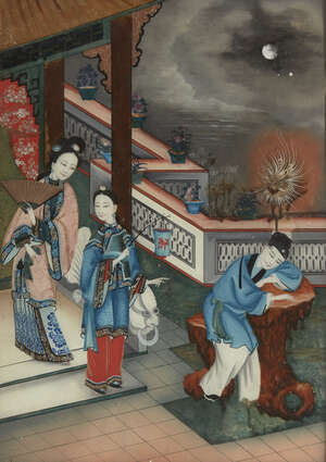 
	
		A Chinese reverse glass painting, 19th century, depicting three figures on a terrace,...