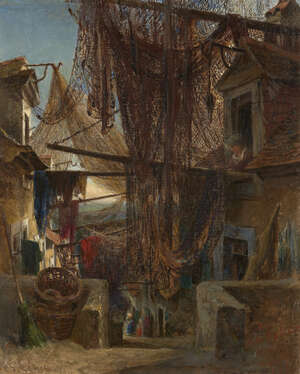 
	
		Charles James Lewis RI ROI, 
		British 1830-1892- 
		 
		Drying nets, rue de Falaise,...