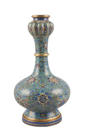 
	
		A Chinese gilt bronze cloisonné garlic-head vase, with lobed bulbous upper section,...