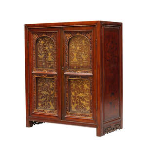 
	
		A Chinese stained hardwood cabinet, 20th century, with pair of glazed doors set with...