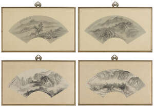
	
		20th century Chinese school, various artists, ink on paper fans, a set of four landscape...