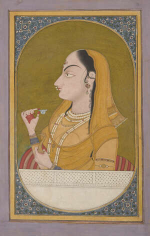 
	
		Lady holding a Wine Cup, by a Pahari artist working in the Garhwal style, 1780-1800,...