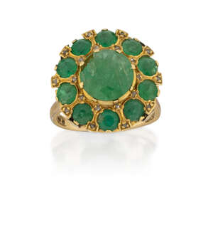 
	
		A 9ct gold and emerald cluster ring, the central collet-set circular-cut emerald with...