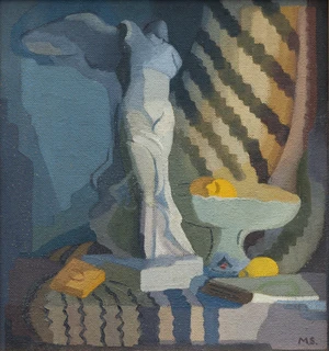 Margaret Stokes, Irish 1916-1996 - Study of the Winged Victory of Samothrace with still life fruit; oil on board, signed with initials lower right 'M.S.', 4