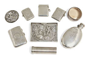 
	
		A repousse silver cigarette box, Birmingham, c.1899, Henry Matthews, the front depicting...