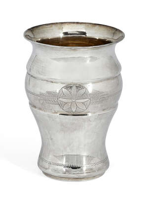 
	
		A white metal Kiddush cup with Hebrew lettering, unmarked, assumed silver, of baluster...