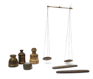 
	
		A group of bronze weights, three bell-shape examples, one octagonal example and two flat...