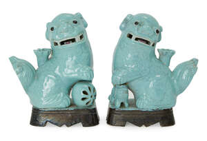 
	
		A pair of Chinese robin's egg-glazed Buddhist lion joss-stick holders, first half of 20th...