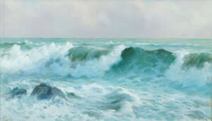 
	
		David James, 
		British 1853-1904- 
		 
		A Breaking Wave; 
		 
		oil on paper,...