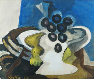 Leslie Illsley, 
		British 1936-1989-
		 
		Still Life with Grapes;
		 
		watercolour and gouache on paper, signed and dated 88, 37x45.5cm (ARR)
		 
