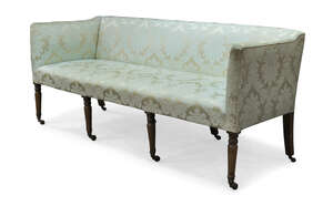 
	
		A George Ill Sheraton sofa, upholstered in cream damask pattern upholstery, raised on...