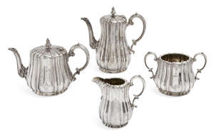
	
		A Victorian four-piece silver tea set, London, c.1863, Edward & John Barnard, of lobed,...