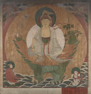 
	
		A Korean temple painting, 19th century,
		centred with a seated deity seated on a
		