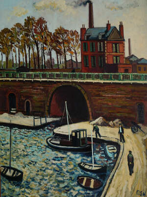 John Ash, 
		British 1926-1999- 
		 
		Canal scene;
		 
		oil on canvas, signed, 86x71cm (ARR)