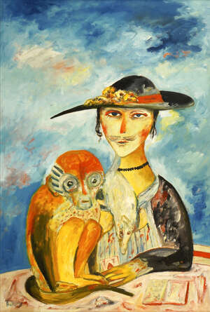 
	
		John Bellany CBE RA, 
		Scottish 1942-2013-
		 
		Cat Woman with Monkey;
		 
		oil...