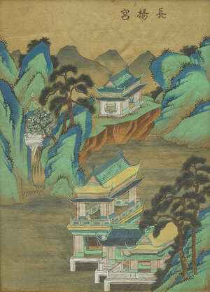 
	
		A pair of Chinese paintings on silk, 20th century, one depicting a palace, the other a...