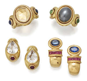 
	
		A collection of jewellery: comprising; two pairs of ear clips and two rings, one 9ct gold...