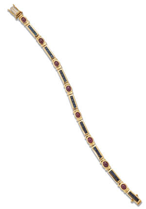 
	
		Garrard & Co, a cabochon ruby and calibre sapphire line bracelet, British import marks...