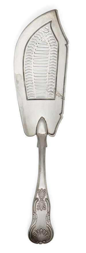 
	
		A George IV silver fish slice, London, c.1825, William Chawner II, the King's pattern...