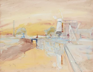 Sir Frank Brangwyn RA RBS RBA, British 1867-1956 - East Anglian Canal Scene at Sunset, c.1900; watercolour on paper, signed with initials lower left 'FB', 19