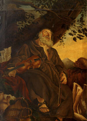 
	
		Spanish School, 
		late 18th/early 19th century-
		 
		Portrait of a Saint sleeping...