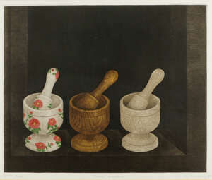 
	
		Kyu-Baik Hwang, 
		Korean b. 1932-
		 
		Three Grinders, 1981; 
		 
		etching with...