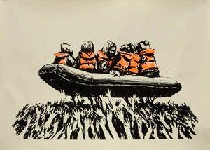 Banksy,&nbsp;British b. 1974-&nbsp;Migrants in a Boat, 2025;&nbsp;
screenprint in colours on cream paper,&nbsp;printed...