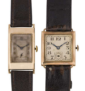
	
		Two 9ct gold wristwatches, the first by Vertex, the rectangular dial with applied Arabic...