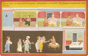 
	
		An illustration from the Ramayana, North India, Udaipur, 1700-1710, opaque pigments on...