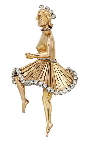 
	
		A 1950s gold Ballerina clip brooch, the clip modelled as a dancing ballerina with diamond...