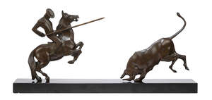 
	
		C. Daris, an Art Deco patinated bronze group
		'Picador with bull', c.1930, signed on...