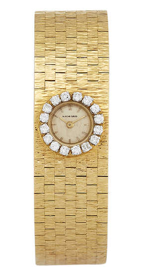 
	
		A lady's 18ct gold diamond bracelet watch, by Beuche Girod, the circular dial with...